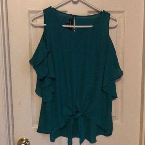 Cold shoulder with tie front turquoise blouse